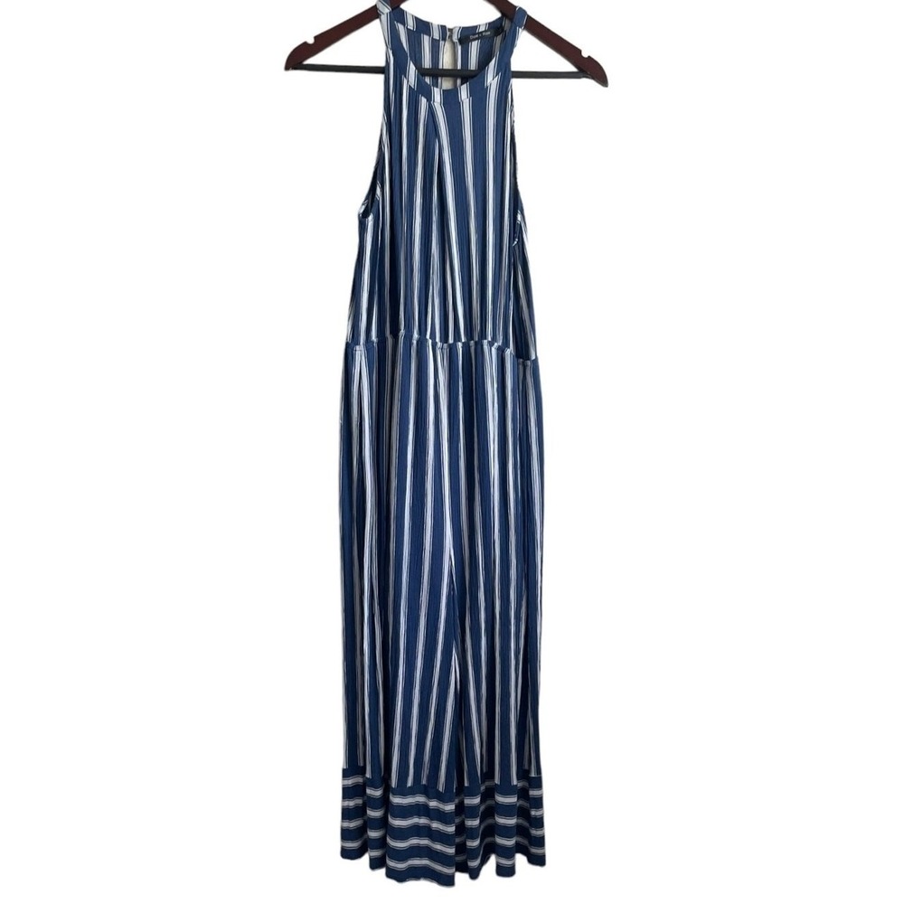 Doe & Rae Women Coastal Nautical Jumpsuit M Blue Striped Halter Wide Leg